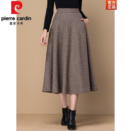 Pierre Cardin (Pierre Cardin) temperament women's woolen A-line skirt women's spring autumn and winter skirt mid-length retro high-waist large size mid-length skirt gray and white houndstooth L