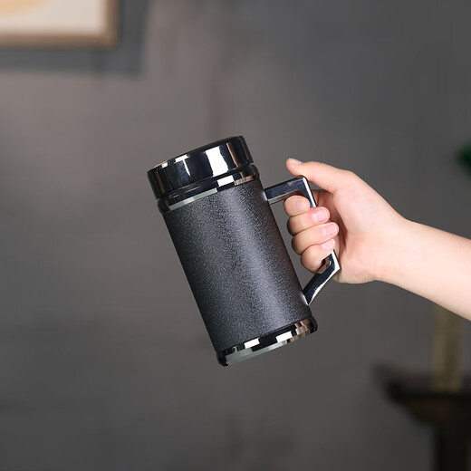 檀轩阁紫砂茶杯保温杯男士款高档办公室泡茶水杯实用送礼品定制刻字LOGO 镜面磨砂黑（皮盒套装） 450ml