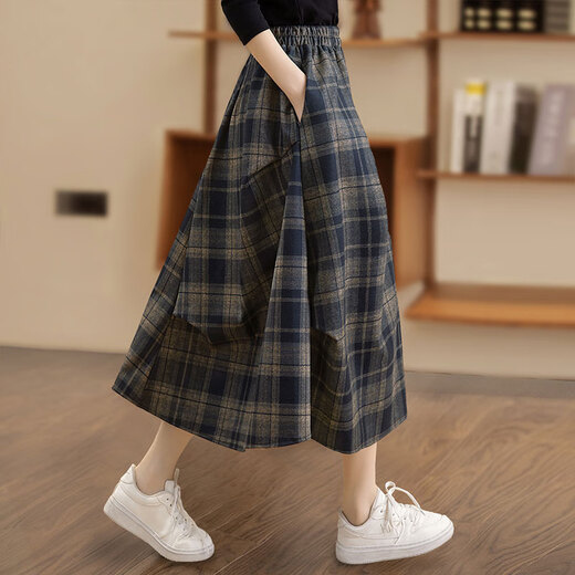 Cypress Plaid Skirt 2025 Autumn New Women's Pocket Elastic High Waist Mid-Length A-Line Skirt