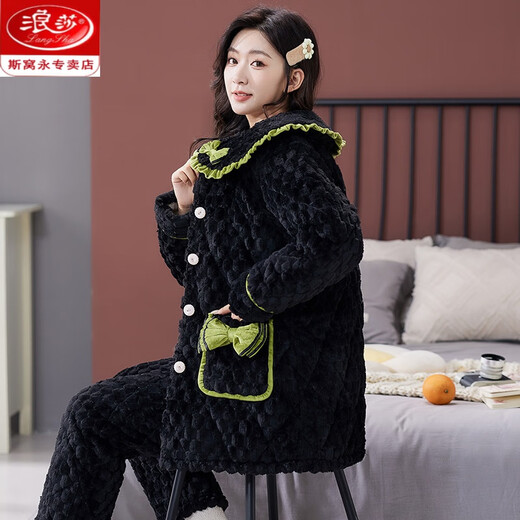 浪莎（LangSha）冬天珊瑚绒睡衣女秋冬季夹棉袄三层加厚加绒法兰绒黑色家居服套装 HL6624-浅棕口袋花 中长款夹棉 M (推荐80-100斤)