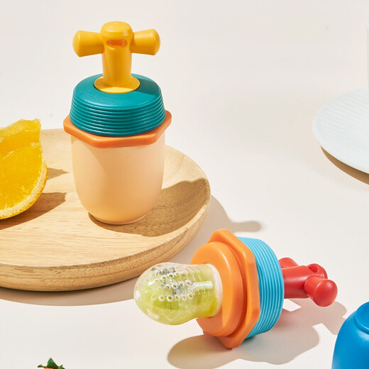 Rikang chewable baby fruit chews, oral chewing bag, fruit and vegetable juice auxiliary feeder, 3 months and above, spiral pusher, yellow, 1 pack