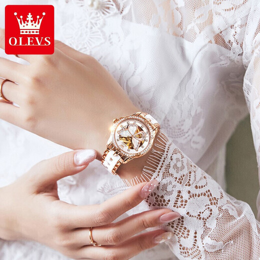 OLEVS Swiss certified watch women's fully automatic mechanical watch luminous waterproof hollow women's watch fashion fashion women's watch OLEVS6622 women's ceramic white surface free engraving