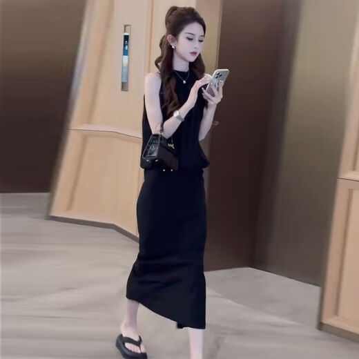 JTKW2024 new niche hot girl outfit with temperament sleeveless neck halter French simple and fashionable waist-hugging two-piece set [3895#] Green S suggested that 95Jin [Jin equals 0.5 kg] less