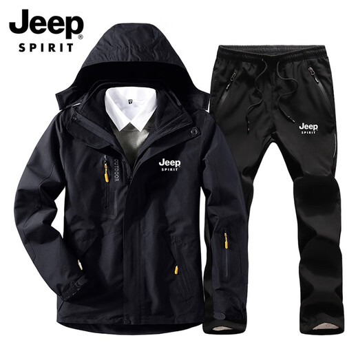 Jeep Spirit Jacket Мужская ветряная ветряная ветка установлена с тремя в одном съемном съемном наборе из двух частей теплый флисовый лайнер, костюм для камуфляжа (1203 черные + черные брюки) мужская куртка xl