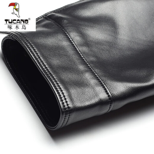 Woodpecker (TUCANO) Haining genuine leather jacket men's velvet thickened sheepskin plus fat plus size leather jacket dad jacket men's black velvet 175/L recommended 120-140Jin Jin equals 0.5 kg