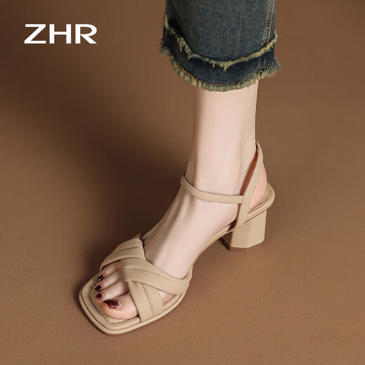ZHR凉鞋女夏季优雅一字带粗跟女鞋温柔纯色高跟鞋子女 Y683 杏色 34