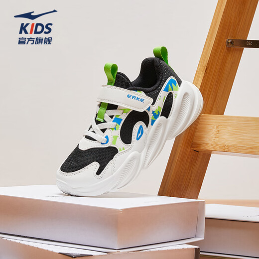 Hongxing Erke (ERKE) children's shoes, boys' and girls' casual shoes, children's and large children's cushioning lightweight sports shoes, black/microcrystalline white 37