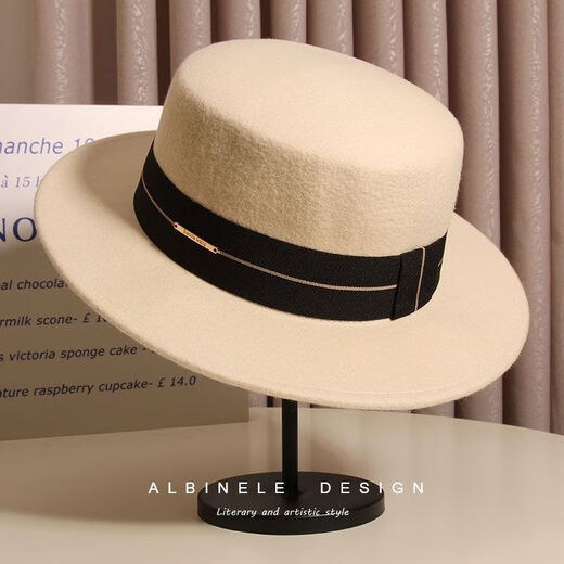 Albinele White Flat Woll Topper für Frauen im Winter Britisch Retro Promi Jazz Hut Mode vielseitige französische Wolle Flat Top Hut klassischer Gurtstreifen-Black M (56-58 cm) Verstellbar