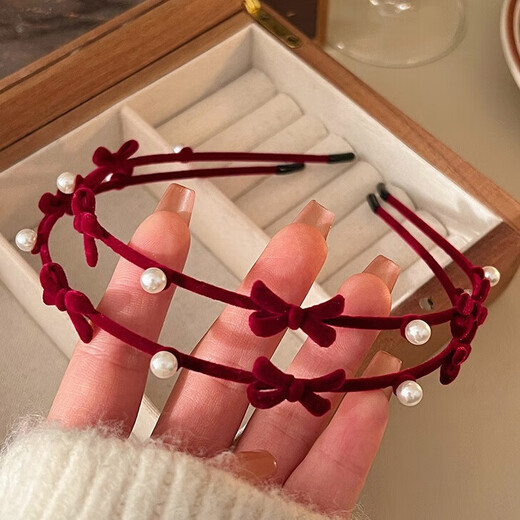 Le Xicong red atmospheric hair accessories pearl bow headband for women 2025 new flocked headband pearl headband hairband red bow pearl headband one pack