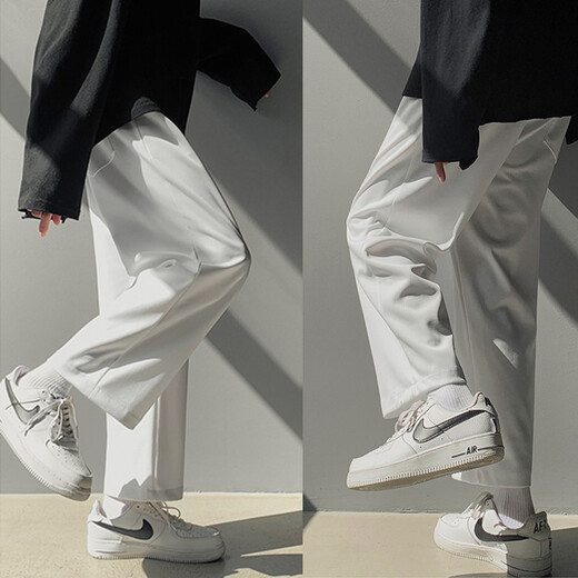 Foss Phil straight casual pants for men summer black spring and autumn nine-point loose western wide-leg trendy sports ice silk trousers for men trendy brand 718-WK10-1 wide-leg white M [recommended 90-115Jin [Jin equals 0.5 kg]]