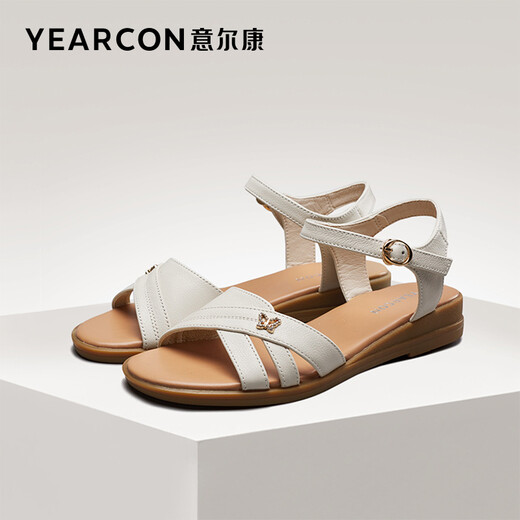 Yierkang women's shoes flat sandals for women with wedges for summer genuine leather breathable middle-aged mother's sandals wearing soft-sole anti-slip beach shoes beige 38