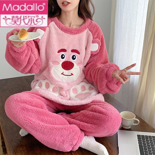 莫代尔珊瑚绒睡衣女春秋冬季加厚保暖甜美可爱法兰绒学生家居服套 3271蓝兔 XL 120-130斤