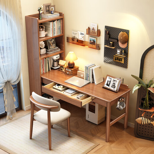 Ningzao solid wood corner desk bookshelf combination desktop computer desk simple home student writing desk study table walnut color # desk with side bookshelf 144cm*60cm*75cm desktop length 120cm