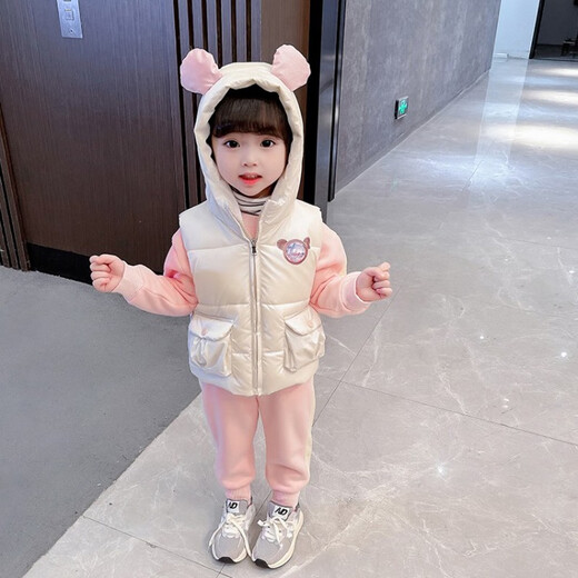 【三件套】乐芭鼠童装女童套装冬装加绒加厚儿童卫衣套装秋冬季婴幼儿女宝宝衣服1-8岁加厚外穿小童服装 粉色（白马甲+粉卫衣+粉裤子） 100码建议2-3岁 (身高90-100cm)