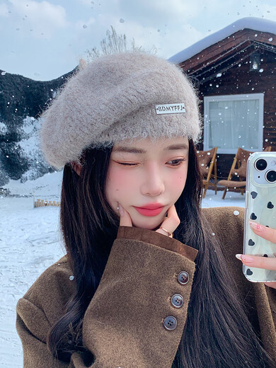 Xingmei Lanfei knitted beret women's autumn and winter plush lazy style painter's hat big head circumference showing face small winter woolen hat camel adjustable