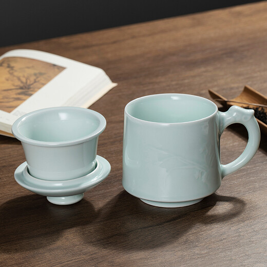 Changnan tea cup Jingdezhen ceramic carved tea water separation cup with lid tea set office cup faucet orchid