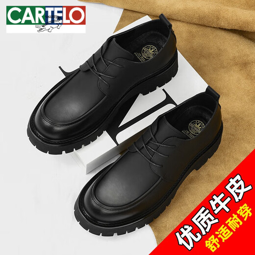 Cartelo Lederschuhe für Männer im Herbst Neue echte Ledergeschäft Formale Wear Männer lässige Männer lässig vielseitig dicke Sohle Big Head Derby Schuhe Schwarz 6625 Vier-Jahreszeiten Modell 38 Standard Lederschuhgröße