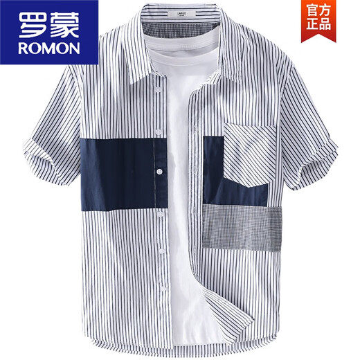 
ROMON striped shirt men's summer men's short-sleeved design niche splicing new men's cotton casual shirt 9738 black stripes L Recommended weight 125-140Jin [Jin equals 0.5 kg]