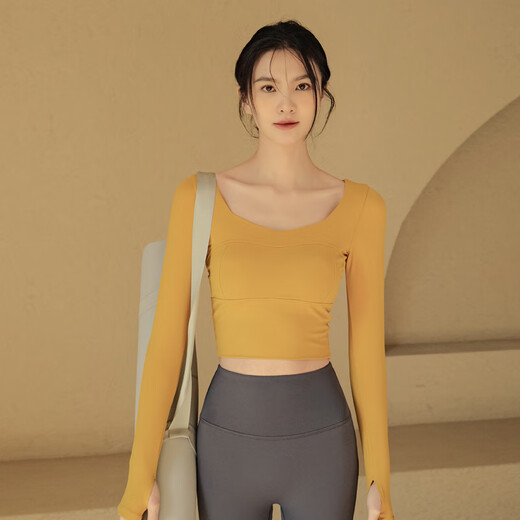 LULULOMDDW yoga clothes with chest pads, autumn and winter slimming long-sleeved sports tops for women, professional running and Pilates training fitness clothes, Ginkgo yellow, fixed cup/slimming, L (recommended 110-125Jin Jin equals 0.5kg)
