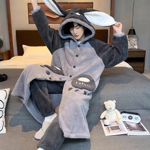 
Blue Road Feng Men's Pajamas Autumn and Winter Coral Velvet Plus Fleece Thickened Teenagers Winter Hooded Large Size Sleeve Home Suit Set 9901 Chinchilla [Sleeve Gown + Pants] Men's L (110-130)