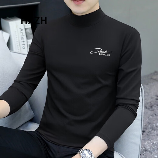 HXZH light luxury men's half turtleneck long-sleeved T-shirt men's autumn and winter slim men's top fashionable inner warm bottoming shirt black XL (recommended 130-145 Jin Jin equals 0.5 kg)