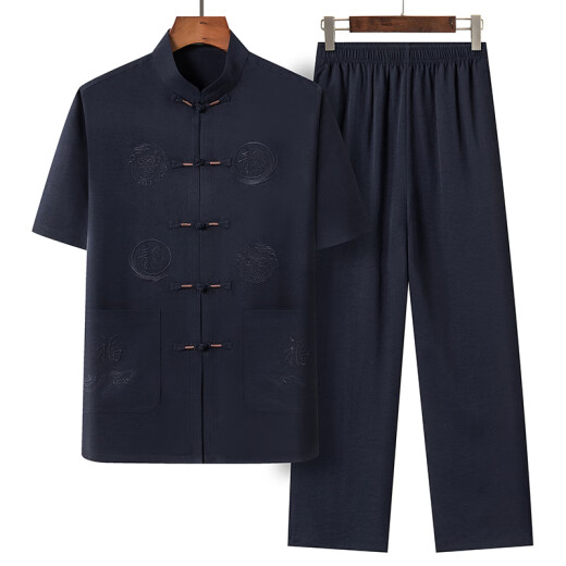 夏中国风男士唐装中老年人短袖套装中式大码汉服棉麻爸爸晨练衣服 浅灰色套装 40/L(105-125斤)