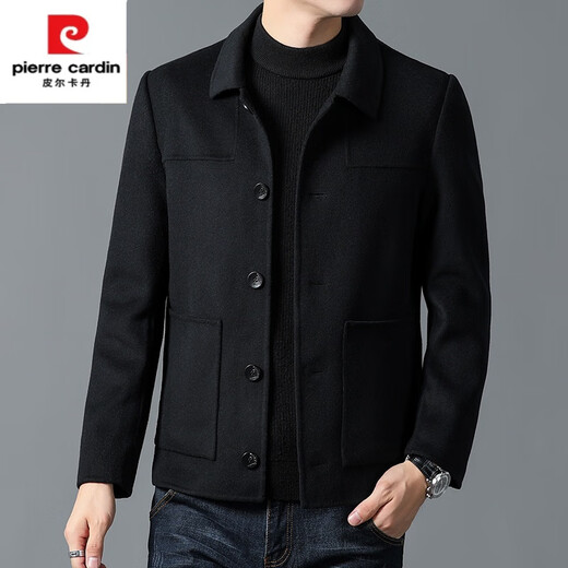 皮尔卡丹（pierre cardin）秋冬季羊毛加厚双面呢大衣男士短款翻领休闲毛呢纯色夹克外套 黑色 L 175