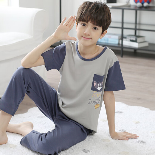 
Mannido children's pajamas boys short-sleeved trousers autumn clothes boys all-cotton air conditioning set big children teenagers pure cotton home clothes N9901 [short length] 170 XL code recommended 165-170cm