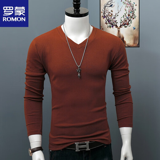 ROMON Cotton V-neck Bottoming Shirt Men's 2025 Autumn and Winter Large Size Slim Simple Long Sleeve T-shirt Korean Style Warm Top Black L 120Jin Jin equals 0.5kg Wear left and right