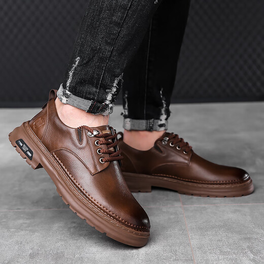 GENAI2025 New Business Casual Leather Shoes Men's Small Leather Shoes Boys Work Shoes Dad Breathable Genuine Leather Shoes Men's Shoes Brown Genuine Cowhide + Online + Wear-Resistant Thick Bottom 41 (255mm)