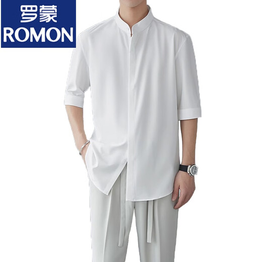 罗蒙（ROMON）新中式立领衬衫男士春夏新款衬衣感冰丝垂感中袖五分袖薄款 C190白色1(单件装) L
