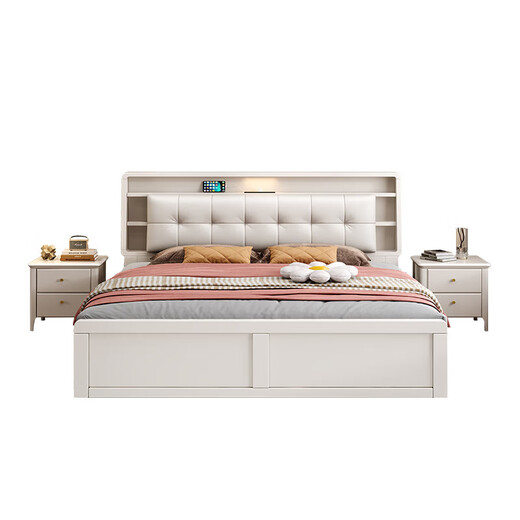 Yu Feiqi Nordic Solid Wood Bed Double Bed Modern Simple High Box Night Light Storage Charging Bed 9902# Bed + Latex Brown Pad [Comfortable Latex] 1.8*2.0m (High Box with Tail Draw)