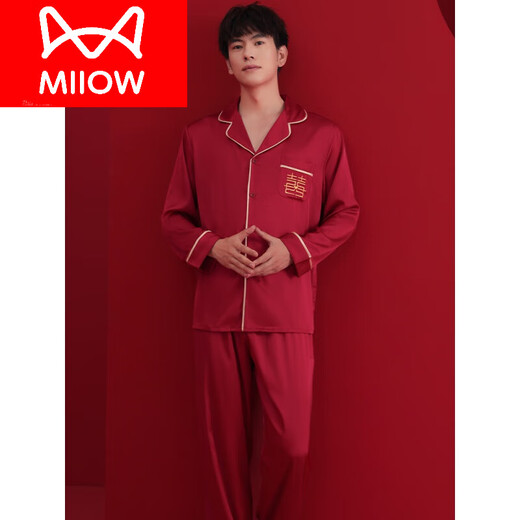 Cat Man (MiiOW) red wedding newlywed ice silk couple pajamas for women spring and autumn festive long-sleeved new home clothes men's boutique set 101 wine red long-sleeved trousers two sets 3XL women's size L size men's