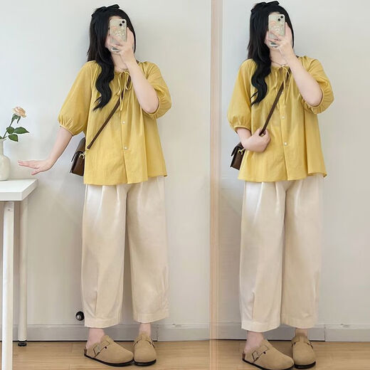 桑纪（SANGJI）孕妇夏装甜美可爱减龄宽松泡泡袖衬衫小个子外穿大码孕妇两件套装 1017#黄色上衣+杏色裤子【套装】 L【100-120斤】