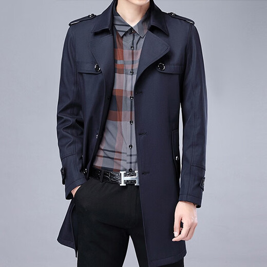 DIFANPU luxury high-end brand mid-length windbreaker men's business casual spring and autumn solid color lapel double-breasted commuter coat navy blue long 2XL 185