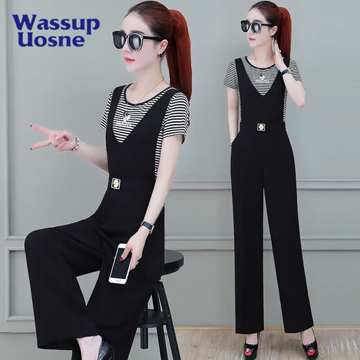 
Simple position strap wide-leg pants for women 2025 summer new Korean style fashionable age-reducing black pendant feeling slimming suspender jumpsuit white top + overall pants set one size s 2 feet 1105Jin [Jin equals 0.5 kg]
