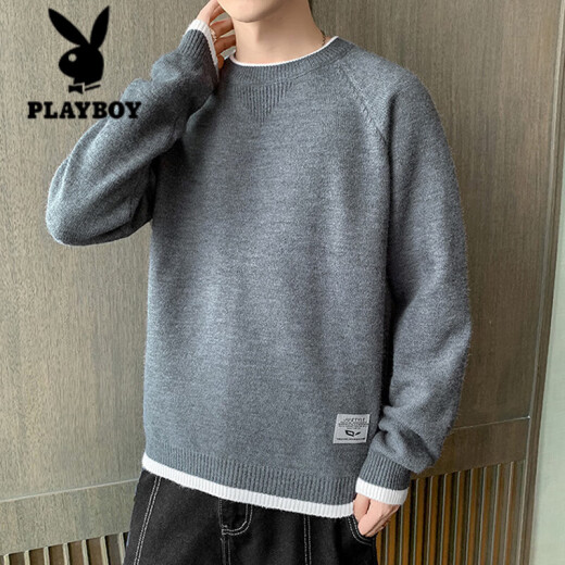 花花公子（PLAYBOY）毛衣男款2024春秋季潮牌上衣服圆领套头针织衫秋冬装日系复古外套 K15044灰色+K16837蓝色 M