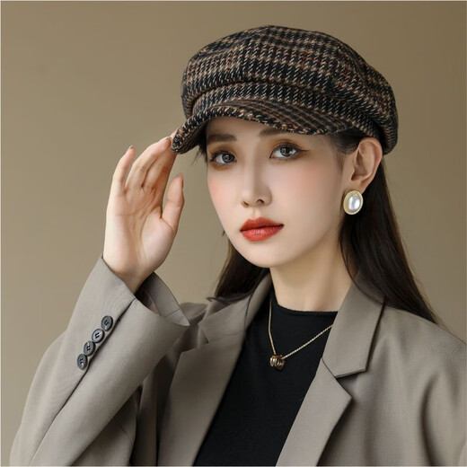 Changyin Fashion Hat Women's Versatile Winter Octagonal Hat Women's Round Face Spring and Autumn Warm Trend Korean Style Internet Celebrity British Houndstooth Black