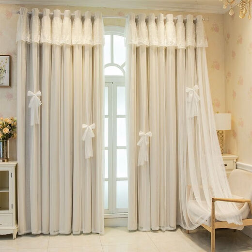 Ruiba Cream Style Curtains Blackout Beige Girly Bedroom Bay Window Double Layer Douyin Internet Celebrity Princess Style Fantasy Cloth and Gauze Integrated with Curtain Head - Not Hollow Cream Color Width 2.0*Height 2.7-Hook Type One Piece Height Adjustable