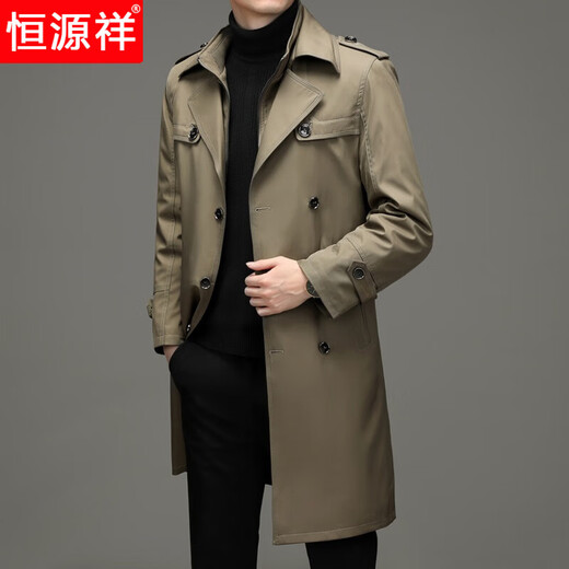 Hengyuanxiang windbreaker men's mid-length middle-aged coat business casual spring and autumn thin winter long coat new product navy blue plus velvet 4XL 195/104A