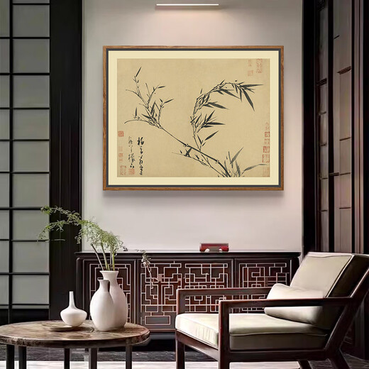Zilang New Chinese Style Bamboo Hanging Painting Ink Calligraphy Living Room Tea Room Background Wall Mural Office Dining Wall Decoration Painting 02 60*75cm SF Wood Grain Yellow Frame (PS Frame) + Oil Canvas