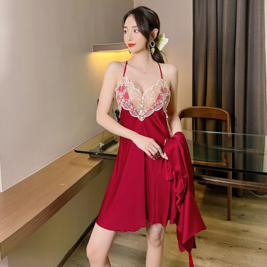 蓓哆枫性感睡裙女夏季新款冰丝薄款蕾丝睡衣女士吊带连衣裙家居服带胸垫 9893-红色（带胸垫） L