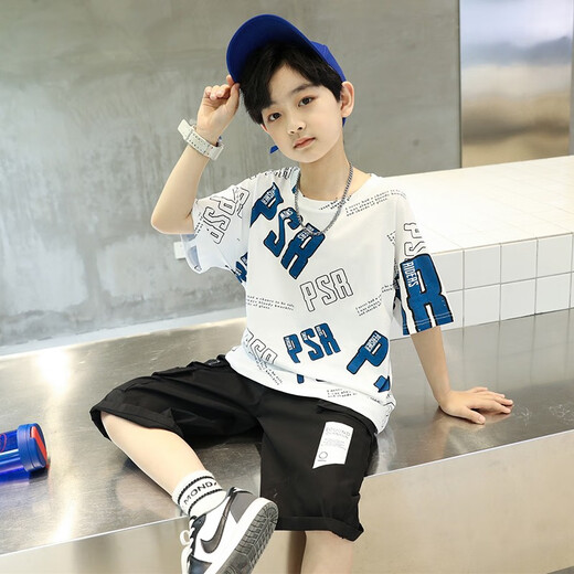 
AN Children's Clothing Boys Summer Set 2025 New Children's Summer Short-Sleeve Clothing Medium-Big Children's Cool and Fashionable Street Explosion Gray 150 (Suggested height about 145cm)