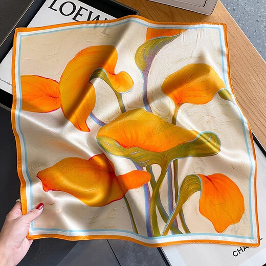 Story Life Mulberry Silk Chinese Style Lotus Fashion Silk Small Square Scarf Women's Scarf Spring Summer Autumn Korean Style Girlfriend's Neck Protection Scarf Orange Gradient 53*53cm
