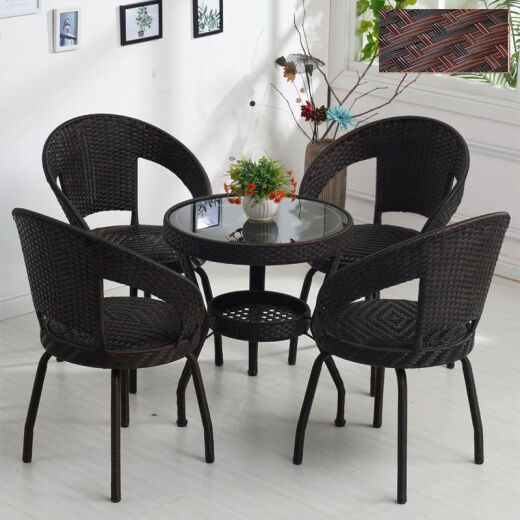 Three-piece set of swirling tile Hinde rattan chair with tea-making balcony leisure chair, outdoor living room coffee table, swivel chair, round table, five-piece set, imitation rattan zebra pattern classic model: 54 round table and two non-swivel chairs (comes with cushion)