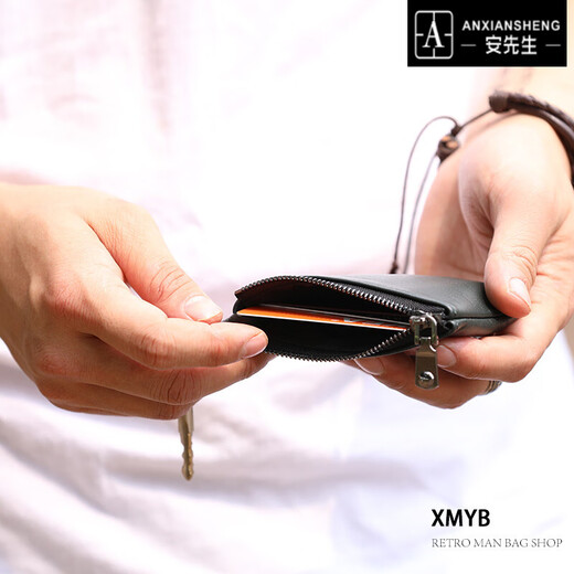 安先生 xmyb羊皮拉链零钱钥匙包男士短款小钱包迷你硬币手包女 藏蓝 小号