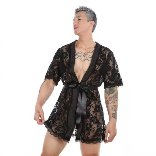Men's Sexy Nightgown New Men's Super Sexy Lace Transparent Thong Bathrobe Homewear Suit See-through Temptation S