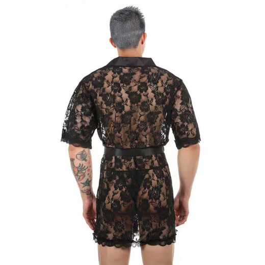 Men's Sexy Nightgown New Men's Super Sexy Lace Transparent Thong Bathrobe Homewear Suit See-through Temptation S