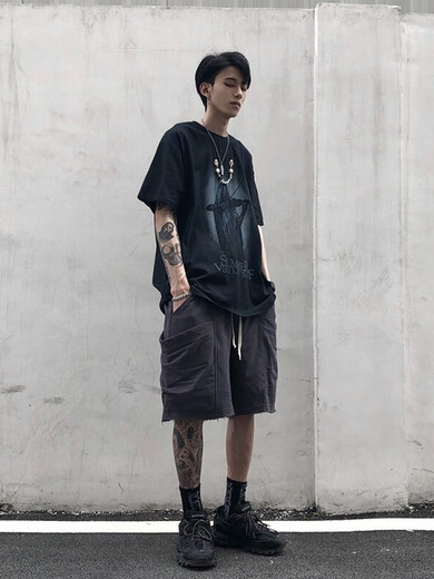 梦莲娅短袖T恤男夏季薄款暗黑系欧美高街潮牌上衣印花嘻哈半袖打底t clfs-cl1047黑色 M