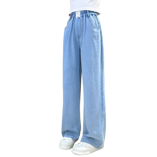 NICKYBABY Girls Summer Jeans Set 2025 New Internet celebrity fashionable children junior high school summer suit short-sleeved wide-leg big children 9889 white + 15030 blue 170